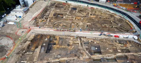 Aerial image of open excavations at Westgate Oxford
