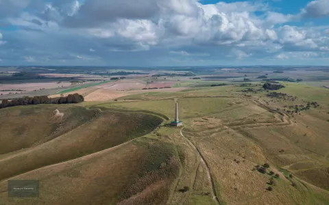 Aerial view of Cherhill with its White Horse and the Lansdowne Monument. Image property of Hedley Thorne.