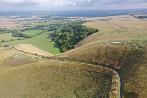 Aerial view of White Horse Hill, the Manger, Dragon Hill and the view northwards ahead of the excavations and survey in 2023. 