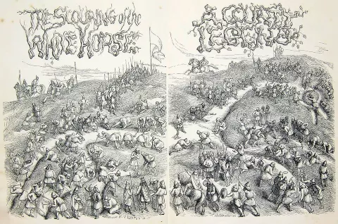 Illustration by Richard Doyle for the frontispiece of the book "The scouring of the White Horse" by Thomas Hughes, published in 1859. The illustration shows King's Alfred's army cutting the White Horse following the Battle of Ashdown in AD 871.